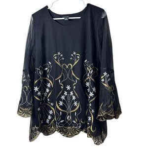 Alfani‎ Women's Plus L Black Embroidered Bell Sleeve Floral Blouse